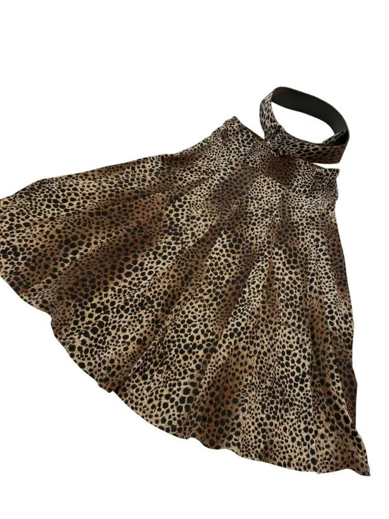 Lapis Leopard Print Swing Skirt With Belted Waist Polyester Stretchy Panel Size - Picture 8 of 12